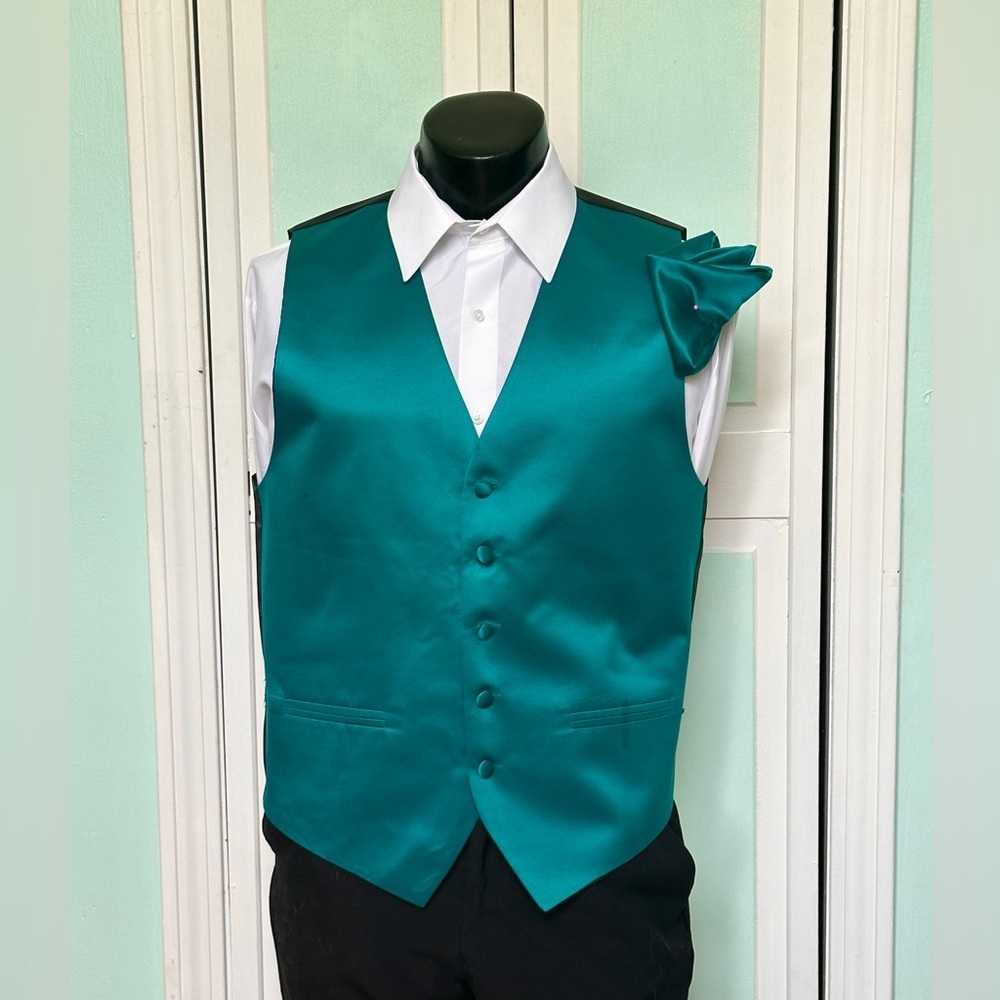 Oasis Teal Satin Closed Back Vest Wedding Prom Tuxedo Men’s Medium M Tall Long